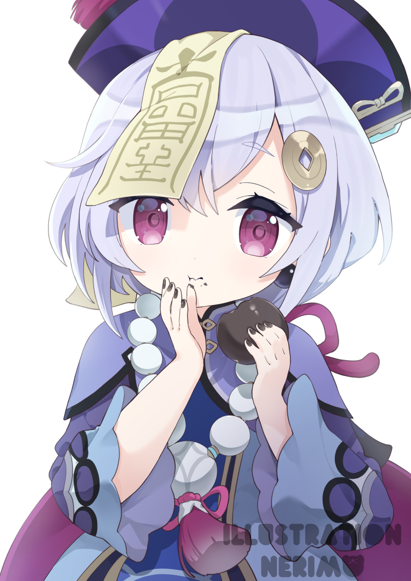 1girl :t bangs black_nails blue_dress closed_mouth commentary_request cropped_jacket dress eating food food_on_face genshin_impact hair_between_eyes hair_ornament hands_up hat holding holding_food jacket long_hair long_sleeves nail_polish neki_(wakiko) ofuda purple_hair purple_headwear purple_jacket qing_guanmao qiqi_(genshin_impact) simple_background solo swept_bangs thick_eyebrows upper_body violet_eyes wavy_mouth white_background wide_sleeves