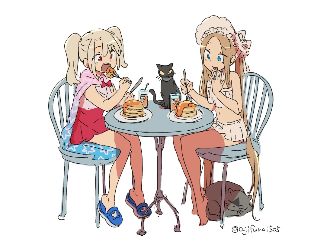 2girls abigail_williams_(fate/grand_order) abigail_williams_(swimsuit_foreigner)_(fate) animal asaya_minoru bangs bare_arms bare_legs bare_shoulders barefoot bikini black_cat blue_eyes blue_footwear bonnet bow brown_hair casual_one-piece_swimsuit cat chair eating eyebrows_visible_through_hair fate/grand_order fate_(series) finger_licking food fork hair_between_eyes hair_bow holding holding_fork illyasviel_von_einzbern illyasviel_von_einzbern_(swimsuit_archer)_(fate) licking light_brown_hair long_hair multiple_girls navel on_chair one-piece_swimsuit open_mouth pancake parted_bangs plate red_bow red_eyes red_swimsuit sandals simple_background sitting stack_of_pancakes star_(symbol) star_print strapless strapless_bikini swimsuit syrup table twintails twitter_username very_long_hair white_background white_bikini white_bow white_headwear