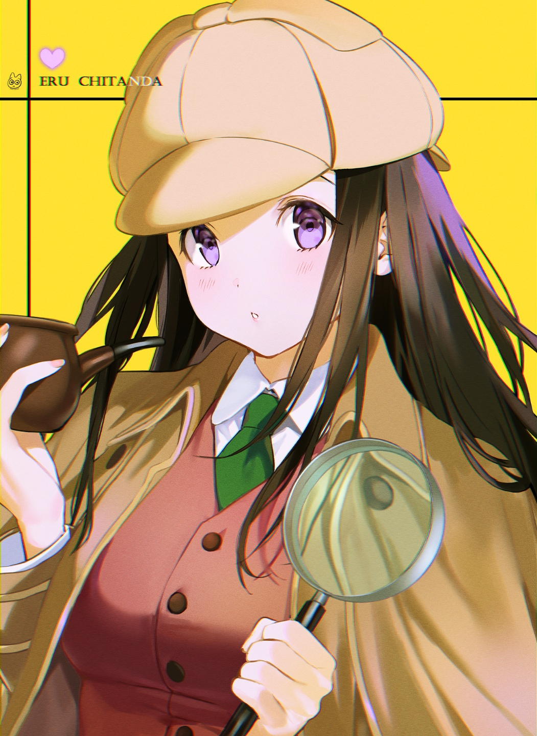 1girl alternate_costume bangs blush breasts brown_hair character_name chitanda_eru collared_shirt commentary_request green_neckwear hands_up hat heart heart_print highres holding hyouka jacket large_breasts long_hair long_sleeves looking_at_viewer magnifying_glass mery_(yangmalgage) necktie parted_lips playing_card_theme shirt signature solo upper_body vest violet_eyes white_shirt wing_collar yellow_background
