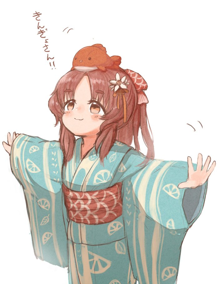 1girl :3 balancing brown_eyes brown_hair commentary_request fish flower food_print food_themed_clothes goldfish green_kimono hair_flower hair_ornament japanese_clothes kantai_collection kimono long_hair looking_up obi object_on_head outstretched_arms ponytail sash scale_print simple_background solo stuffed_animal stuffed_fish stuffed_toy translation_request wavy_hair white_background wss_(nicoseiga19993411) yashiro_(kantai_collection) yukata