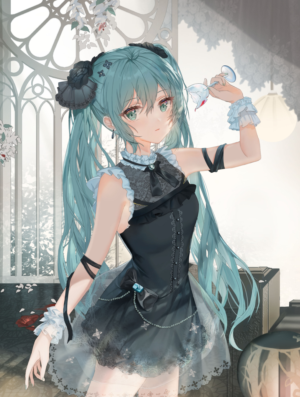 1girl aqua_eyes aqua_hair arm_up bare_shoulders black_dress breasts broken_glass cowboy_shot cup dress drinking_glass earrings frilled_dress frills glass hair_ornament hatsune_miku highres holding holding_cup jewelry long_hair looking_at_viewer mada_(shizhou) neck_ribbon ribbon see-through sidelocks sleeveless sleeveless_dress small_breasts solo standing twintails vocaloid wine_glass wrist_cuffs