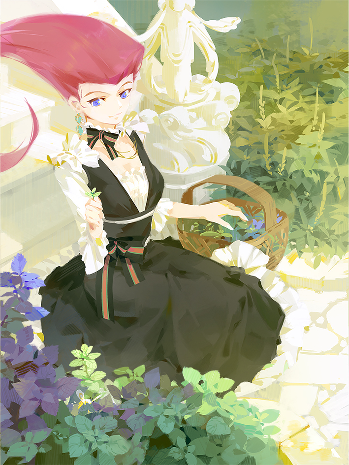 1girl a-shacho basket black_dress bow closed_mouth commentary_request dress dress_bow earrings eyelashes frills holding jewelry leaf long_hair looking_to_the_side musashi_(pokemon) plant pokemon pokemon_(anime) redhead smile solo team_rocket violet_eyes