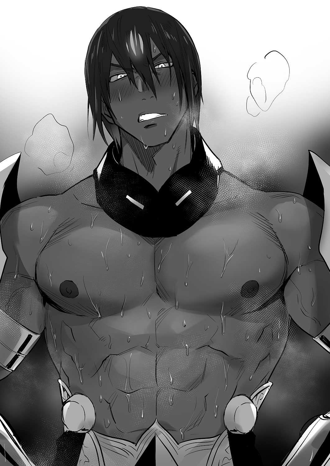 1boy abs ashwatthama_(fate/grand_order) bara chest clenched_teeth dark_skin dark_skinned_male fate/grand_order fate_(series) gauntlets gradient gradient_background greyscale haiki_(tegusu) hands_on_hips highres male_focus monochrome shirtless simple_background solo steam sweat sweating_profusely teeth upper_body