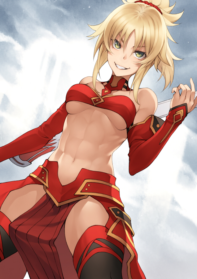 1girl abs armor bandeau bangs banned_artist bare_shoulders black_legwear blonde_hair braid breasts clarent_(fate) detached_collar detached_sleeves fate/apocrypha fate/grand_order fate_(series) faulds french_braid green_eyes grin kyoeiki long_hair looking_at_viewer mordred_(fate) mordred_(fate/apocrypha) navel parted_bangs pelvic_curtain ponytail sidelocks small_breasts smile solo sword thigh-highs thighs weapon