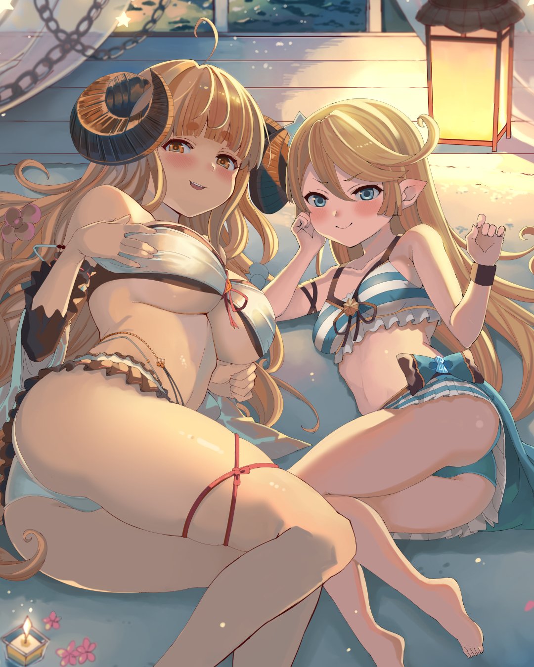 2girls ahoge anila_(granblue_fantasy) ass bangs bare_shoulders bikini blonde_hair blue_eyes blush breasts charlotta_fenia draph granblue_fantasy harvin highres horns large_breasts legs long_hair looking_at_viewer multiple_girls nuko_(mikupantu) open_mouth pointy_ears sheep_horns short_eyebrows small_breasts smile swimsuit thick_eyebrows thighs very_long_hair yellow_eyes