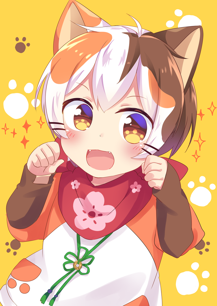 1boy :3 animal_ears blush brown_eyes brown_hair cat_boy cat_ears fangs indie_virtual_youtuber male_focus multicolored_hair open_mouth orange_hair paw-shaped_pupils paw_pose scarf scarf_over_mouth shiromaru4625 solo tatamaru_(vtuber) virtual_youtuber white_hair