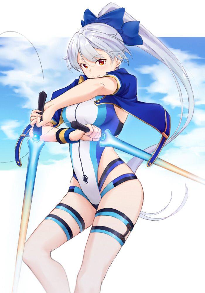 1girl blue_bow blue_jacket blue_sky blue_swimsuit bow dual_wielding energy_sword fate/grand_order fate_(series) hair_between_eyes hair_bow highleg highleg_swimsuit holding jacket light_blush long_hair looking_at_viewer multicolored multicolored_clothes multicolored_swimsuit one-piece_swimsuit red_eyes saruno_(eyesonly712) short_sleeves silver_hair sky smile solo swimsuit sword thigh_strap tomoe_gozen_(fate/grand_order) tomoe_gozen_(swimsuit_saber)_(fate) very_long_hair weapon white_swimsuit
