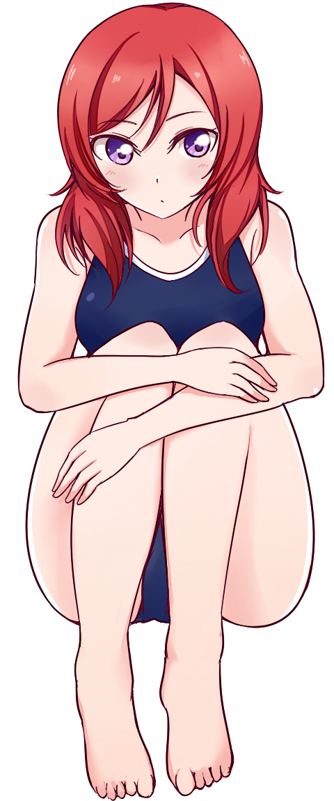 1girl bangs barefoot blue_swimsuit blush closed_mouth collarbone full_body hair_between_eyes long_hair love_live! love_live!_school_idol_project nishikino_maki redhead school_swimsuit shiny shiny_hair simple_background sitting solo swimsuit violet_eyes w wewe white_background