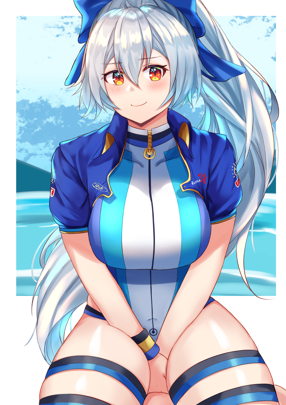 1girl aarc between_legs blue_bow blue_jacket blue_sky blue_swimsuit blush bow breasts competition_swimsuit cropped_jacket fate/grand_order fate_(series) hair_bow hair_ornament hand_between_legs highleg highleg_swimsuit highres jacket lake large_breasts long_hair looking_at_viewer multicolored multicolored_clothes multicolored_swimsuit one-piece_swimsuit ponytail red_eyes silver_hair sky smile solo swimsuit thighs tomoe_gozen_(fate/grand_order) tomoe_gozen_(swimsuit_saber)_(fate) very_long_hair water white_swimsuit