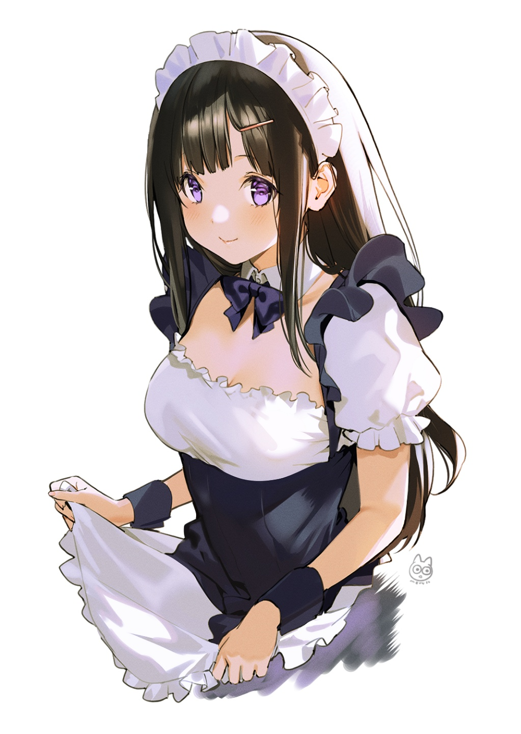 1girl alternate_costume apron bangs black_hair black_skirt blouse blunt_bangs breasts chitanda_eru closed_mouth commentary_request cowboy_shot cropped_torso dress enmaided frilled_blouse hair_ornament hairclip highres hyouka long_hair looking_at_viewer maid maid_headdress mery_(yangmalgage) puffy_sleeves short_sleeves simple_background skirt smile solo violet_eyes waist_apron white_apron white_background white_blouse wrist_cuffs