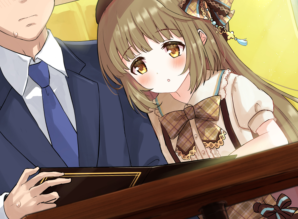 1boy 1girl :o bangs beret blue_jacket blue_neckwear blush bow brown_bow brown_eyes brown_hair brown_headwear brown_skirt closed_mouth collared_shirt commentary_request dress_shirt eluthel eyebrows_visible_through_hair formal hat head_out_of_frame holding idolmaster idolmaster_cinderella_girls jacket long_hair long_sleeves looking_away menu necktie parted_lips plaid plaid_bow plaid_skirt producer_(idolmaster) puffy_short_sleeves puffy_sleeves shirt short_sleeves skirt sleeves_past_wrists solo_focus suit sweat table very_long_hair white_shirt yorita_yoshino