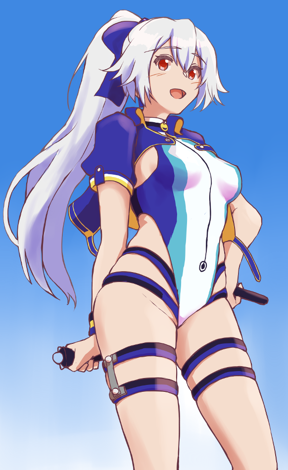 1girl :d alternate_breast_size blue_background blue_bow blue_jacket blue_swimsuit blush bow breasts commentary_request controller cropped_jacket eyebrows_visible_through_hair fate/grand_order fate_(series) game_controller hair_between_eyes hair_bow highleg highleg_swimsuit holding holding_controller holding_game_controller jacket long_hair multicolored multicolored_clothes multicolored_swimsuit nasakene one-piece_swimsuit open_mouth ponytail red_eyes short_sleeves silver_hair small_breasts smile solo swimsuit thigh_strap tomoe_gozen_(fate/grand_order) tomoe_gozen_(swimsuit_saber)_(fate) very_long_hair white_swimsuit