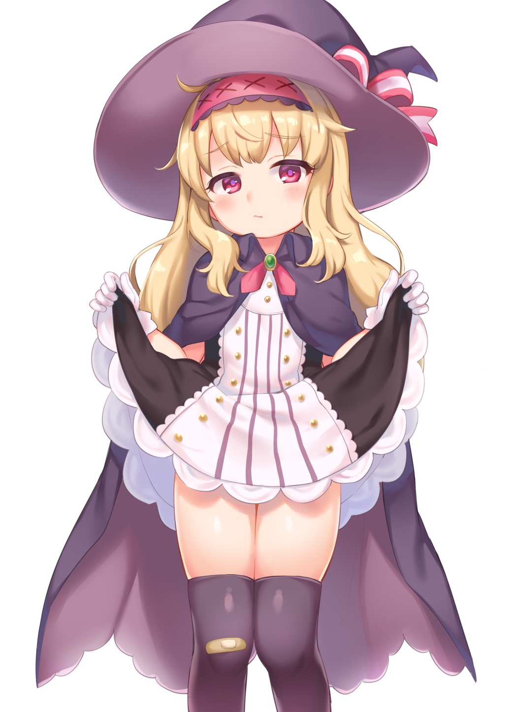 1girl bandaid bandaid_on_clothes bandaid_on_knee black_cloak black_dress black_headwear black_legwear blonde_hair cloak commentary_request dress dress_lift gloves hairband hat hat_ribbon highres lifted_by_self little_witch_nobeta long_hair maki_(natoriumu) nobeta red_eyes ribbon short_dress simple_background solo striped striped_dress thigh-highs thighs two-tone_dress vertical-striped_dress vertical_stripes white_background white_dress white_gloves witch_hat