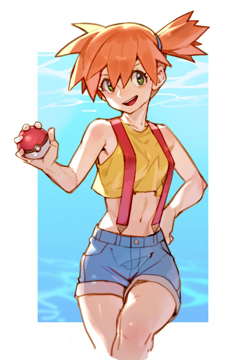 1girl :d bangs collarbone denim denim_shorts green_eyes gym_leader hand_on_hip highres holding holding_poke_ball kasumi_(pokemon) looking_to_the_side midriff navel open_mouth poke_ball pokemon pokemon_(anime) pokemon_(classic_anime) short_hair shorts side_ponytail sleeveless smile solo suspenders tank_top teeth uncle_rabbit_ii yellow_tank_top