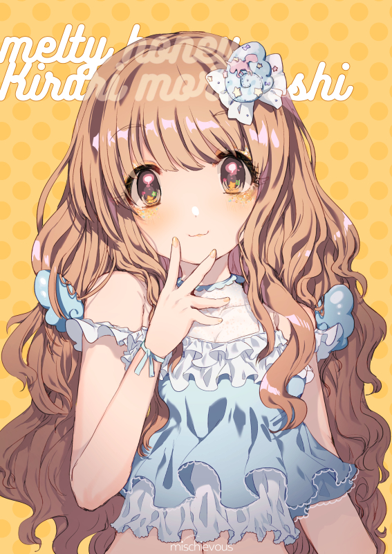 1girl bangs bow brown_eyes brown_hair commentary_request dress eyebrows_visible_through_hair frilled_dress frills hair_bow hair_ornament idolmaster idolmaster_cinderella_girls looking_at_viewer moroboshi_kirari polka_dot polka_dot_background ribbon simple_background smile social_kasu_(mob_oji_katu) solo wavy_hair wrist_ribbon yellow_background