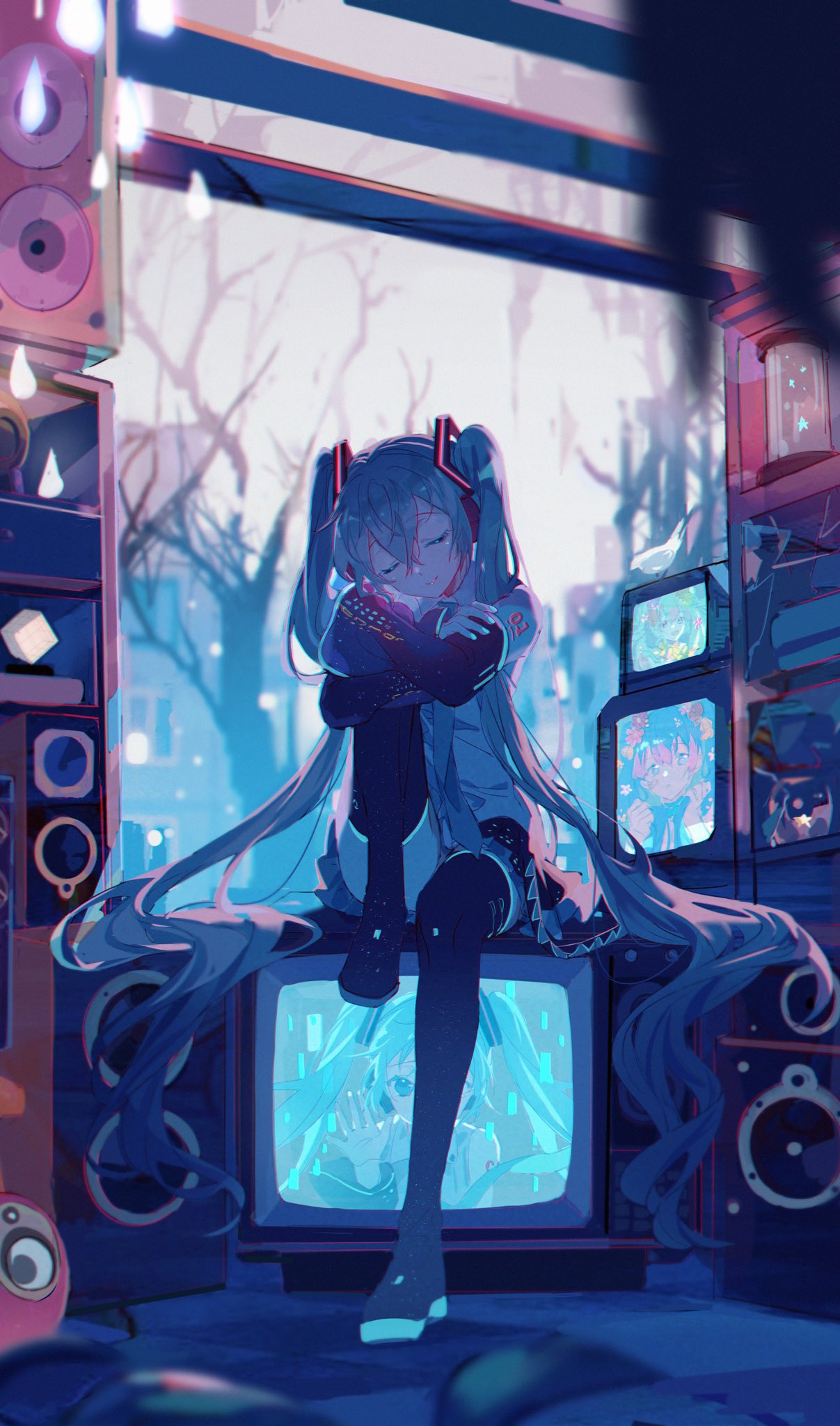 1girl aqua_hair aqua_nails arms_on_knees backlighting bangs bare_shoulders blurry blurry_background book bookshelf close-up closed_eyes crossed_arms detached_sleeves hair_ornament hatsune_miku highres kanose leg_hug long_hair looking_at_viewer nail_polish sitting sitting_on_object smile solo speaker stool tagme tattoo television thigh-highs tree twintails very_long_hair vocaloid