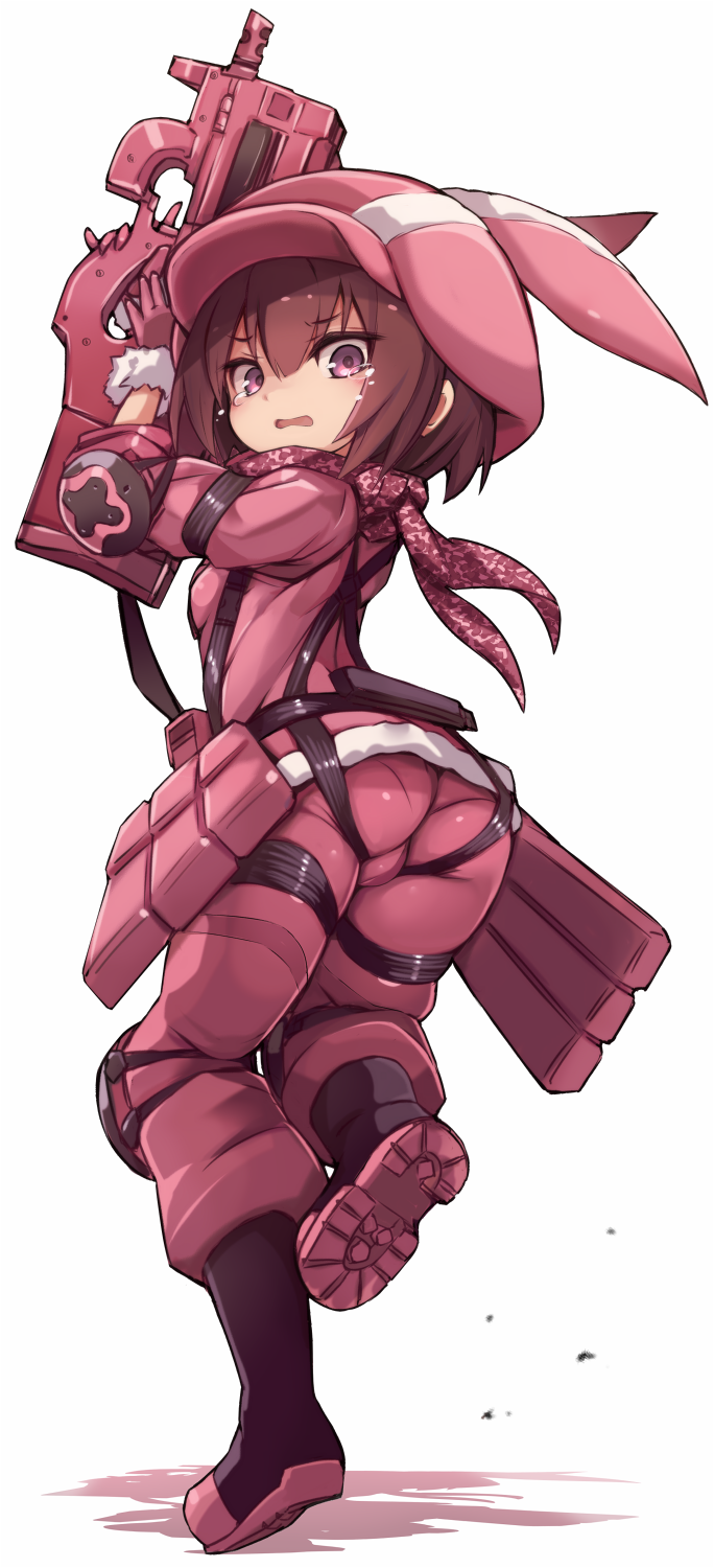 animal_hat ass black_footwear boots brown_hair bullpup bunny_hat from_behind full_body fur-trimmed_gloves fur_trim gloves gun hat highres jacket karukan_(monjya) leg_up llenn_(sao) looking_back open_mouth p-chan_(p-90) p90 pants pink_eyes pink_gloves pink_headwear pink_jacket pink_pants short_hair simple_background standing standing_on_one_leg submachine_gun sword_art_online sword_art_online_alternative:_gun_gale_online tears weapon white_background