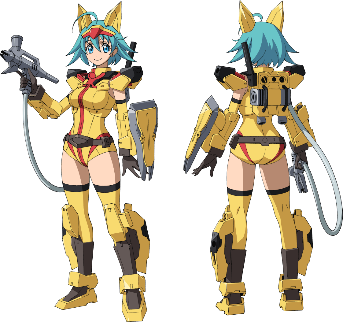 1girl airbrush blue_hair character_sheet gundam gundam_build_divers gundam_build_divers_re:rise holding looking_to_the_side mecha_musume mechanical_ears nami_(gundam_build_divers) nanase_nanami_(gundam_build_divers) official_art short_hair thigh-highs transparent_background