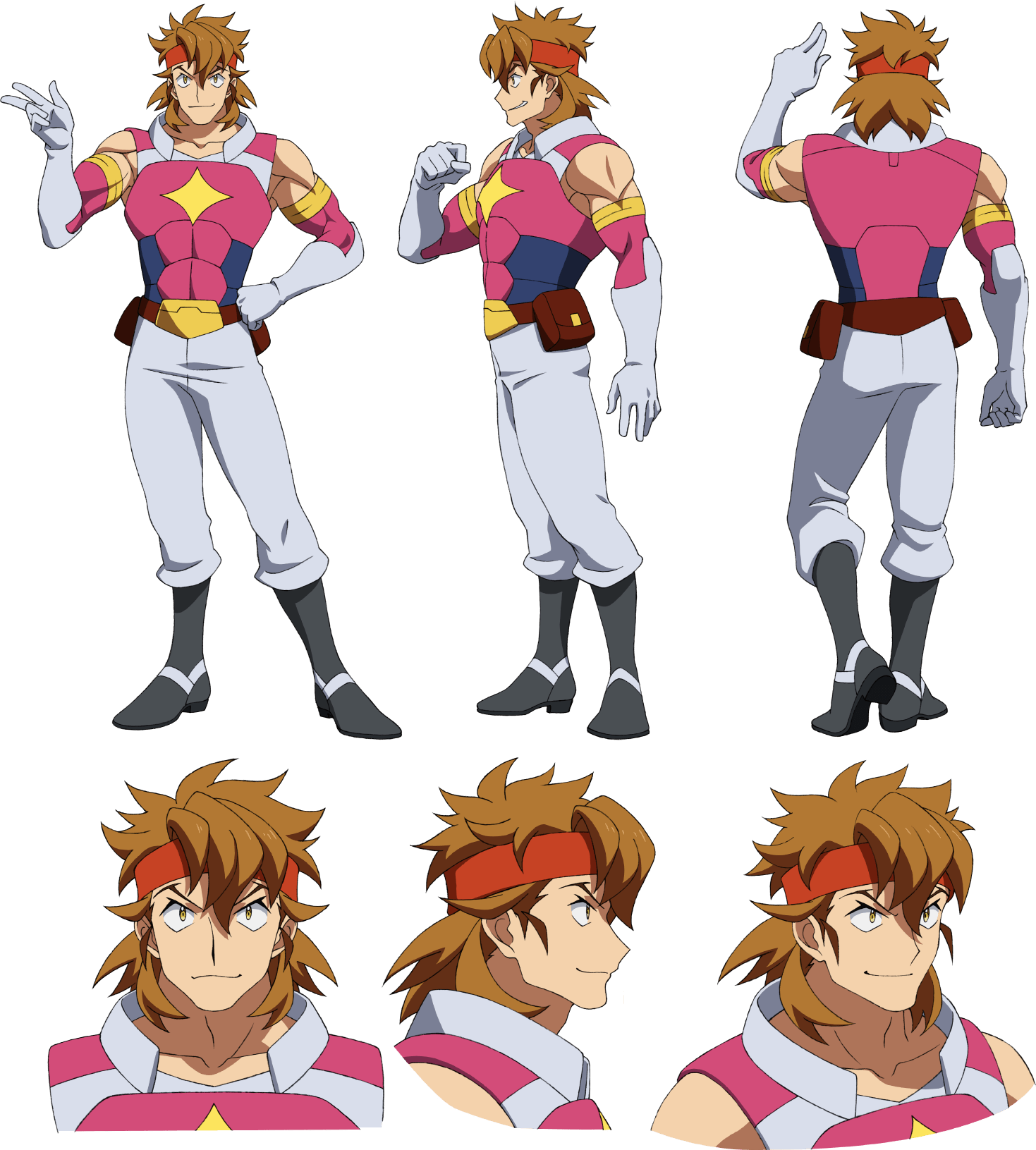 1boy abs brown_hair character_sheet clenched_hand gundam gundam_build_divers gundam_build_divers_re:rise headband highres multiple_views muscle official_art pointing red_headband torimachi_kazami transparent_background v yellow_eyes