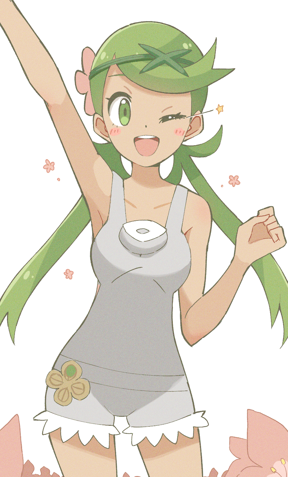 1girl :d arm_up armpits bangs blush commentary_request eyelashes flower green_eyes green_hair grey_overalls hair_flower hair_ornament highres mallow_(pokemon) one_eye_closed open_mouth otyaduke overalls pokemon pokemon_(game) pokemon_sm smile solo star_(symbol) swept_bangs teeth tongue twintails upper_teeth