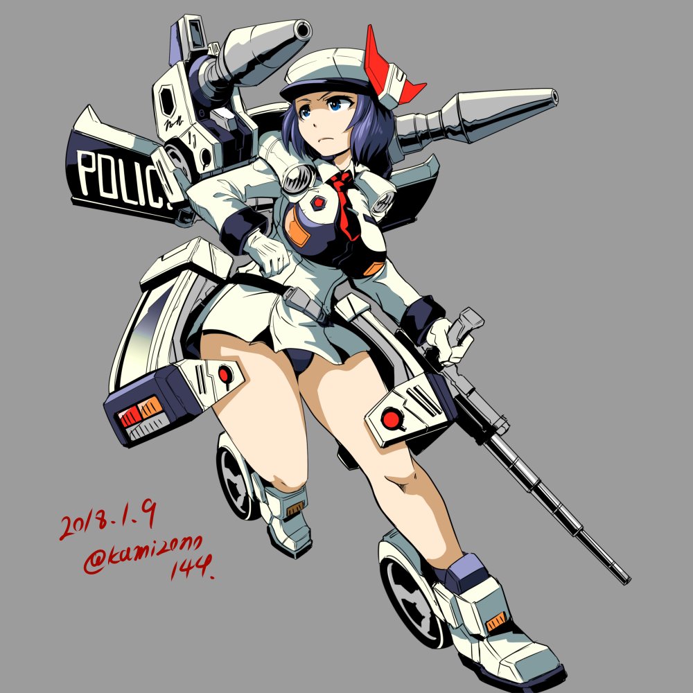 1girl artist_name autobot black_panties blue_eyes breasts dark_blue_hair genderswap genderswap_(mtf) grey_background gun holding holding_gun holding_weapon kamizono_(spookyhouse) large_breasts mecha_musume mini_necktie necktie no_pants panties personification police prowl red_neckwear short_hair shoulder_cannon solo transformers underwear v-fin weapon