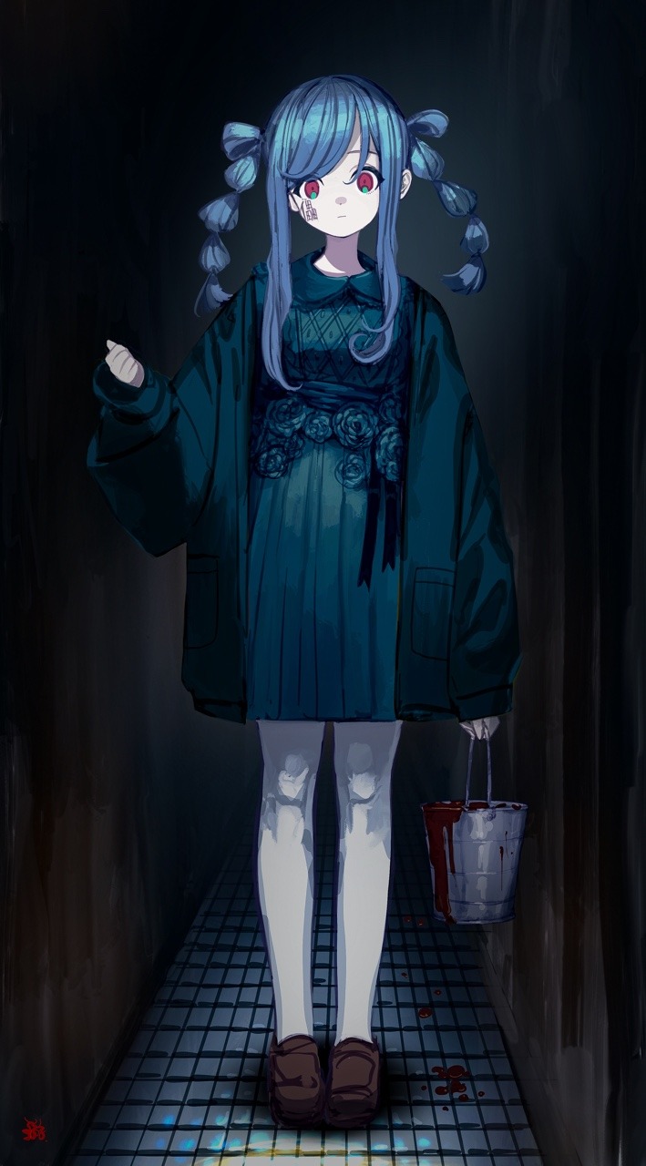 1girl afternooners bangs blood blue_dress blue_hair blue_jacket brown_footwear bucket clenched_hand dark_background dress facial_tattoo floral_print full_body hallway highres holding holding_bucket indoors jacket loafers looking_at_viewer open_clothes open_jacket original pantyhose red_eyes ribbon shoes signature solo standing swept_bangs tattoo twintails white_legwear