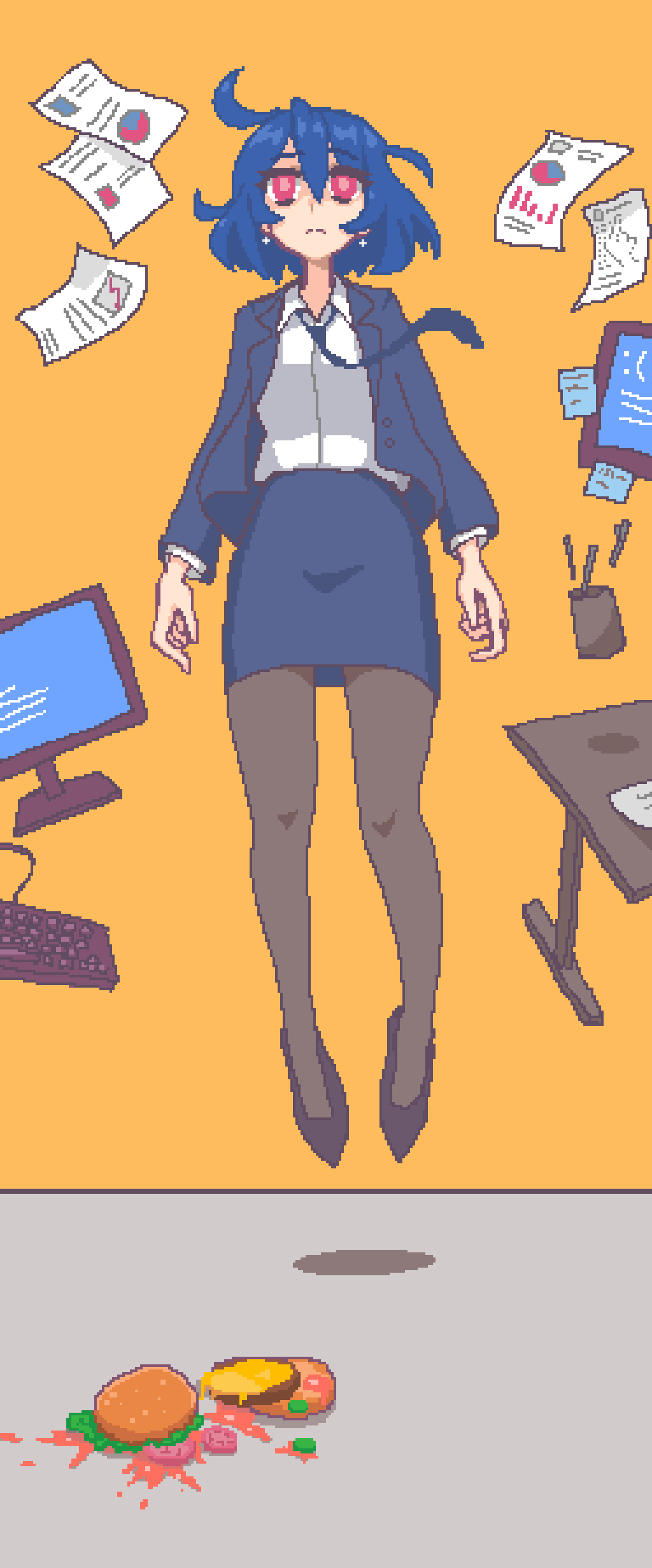 1girl absurdres angry blue_hair computer floating food hamburger hcnone highres leggings looking_up office_lady original paper pencil_skirt pixel_art red_eyes skirt skye_(hcnone) solo