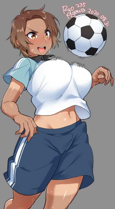 1girl 2020 agawa_ryou artist_name bouncing_breasts breasts brown_eyes commentary dark_skin dated grey_background large_breasts midriff navel original signature simple_background soccer_uniform solo sportswear sweat tan tanline thighs