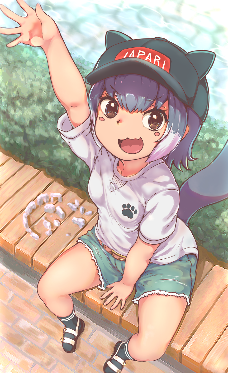 1girl alternate_costume arm_up bangs bare_arms bare_legs baseball_cap belt black_eyes black_legwear blush_stickers casual collarbone contemporary cutoffs day denim denim_shorts eyebrows_visible_through_hair fang fisheye from_above full_body grey_hair hat highres kemono_friends looking_at_viewer looking_up multicolored_hair okyao open_mouth otter_girl otter_tail outdoors outstretched_arm outstretched_hand river sandals shirt short_hair short_shorts short_sleeves shorts sidelocks sitting small-clawed_otter_(kemono_friends) smile socks solo stone stonehenge t-shirt tail two-tone_hair v-shaped_eyebrows water white_hair