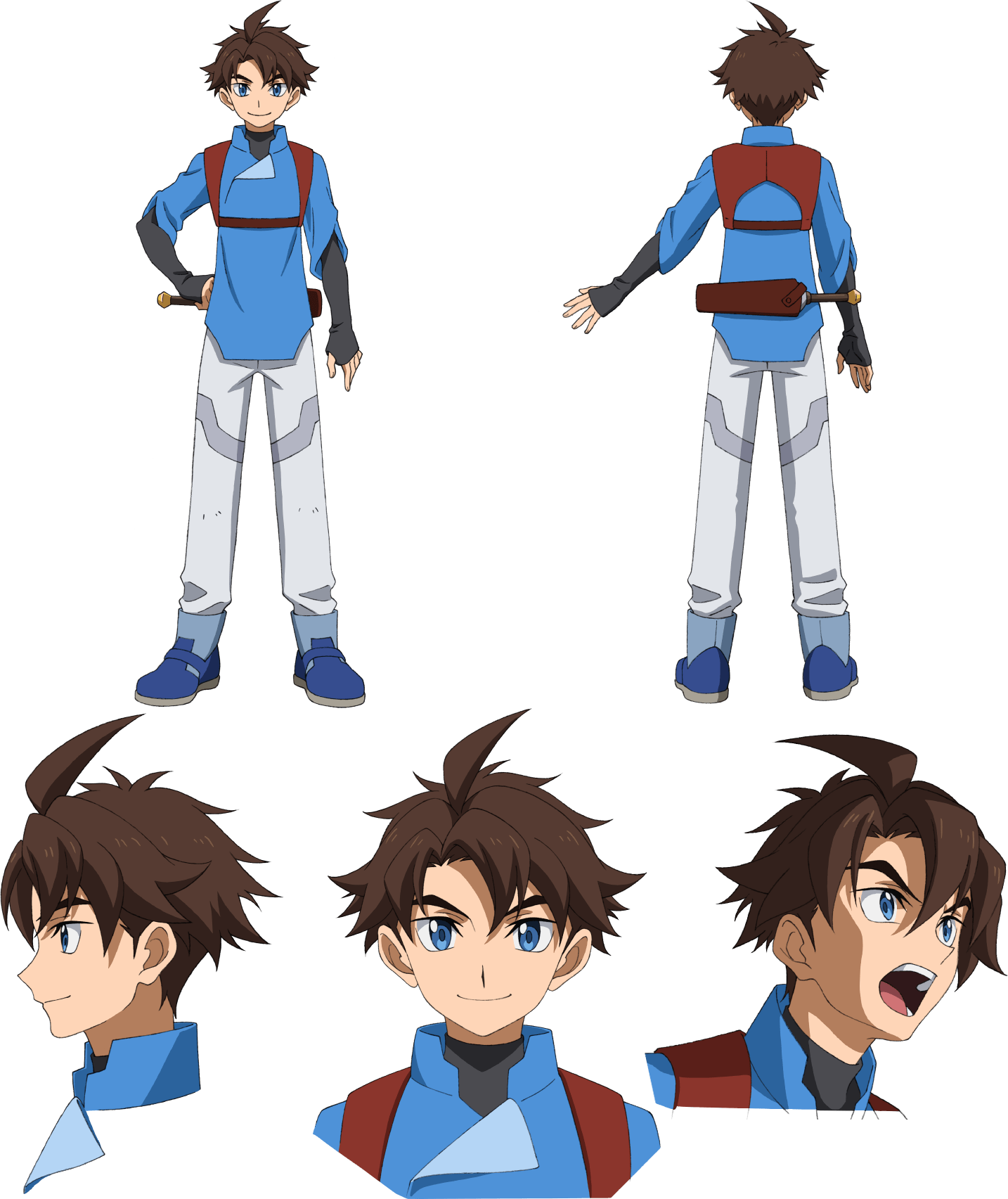 1boy blue_eyes brown_hair character_sheet dagger gundam gundam_build_divers gundam_build_divers_re:rise highres holstered_weapon looking_at_viewer mikami_riku multiple_views official_art open_mouth standing transparent_background weapon