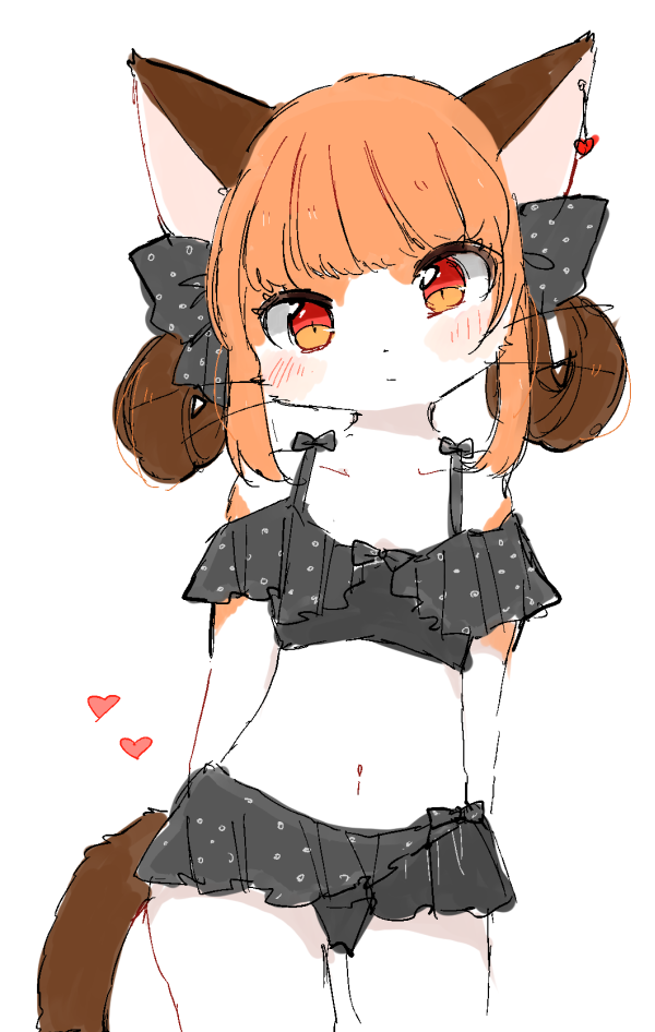 1girl animal_ears animal_nose bare_shoulders blush breasts brown_fur brown_hair cat cat_ears cat_girl cat_tail clothing_request collarbone commentary_request contrapposto cowboy_shot furry haru_mineko heart long_hair looking_at_viewer navel orange_eyes orange_fur orange_hair original piercing simple_background small_breasts solo standing tail two-tone_fur whiskers white_background white_fur