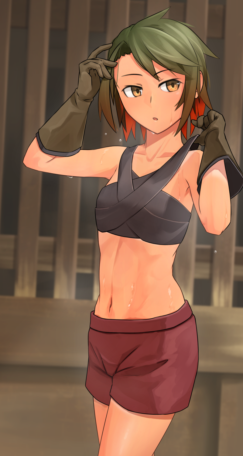 1girl black_hair gloves gradient_hair highres kis_sako multicolored_hair navel orange_eyes original redhead short_hair short_shorts shorts solo sweat tan tanline two-tone_hair