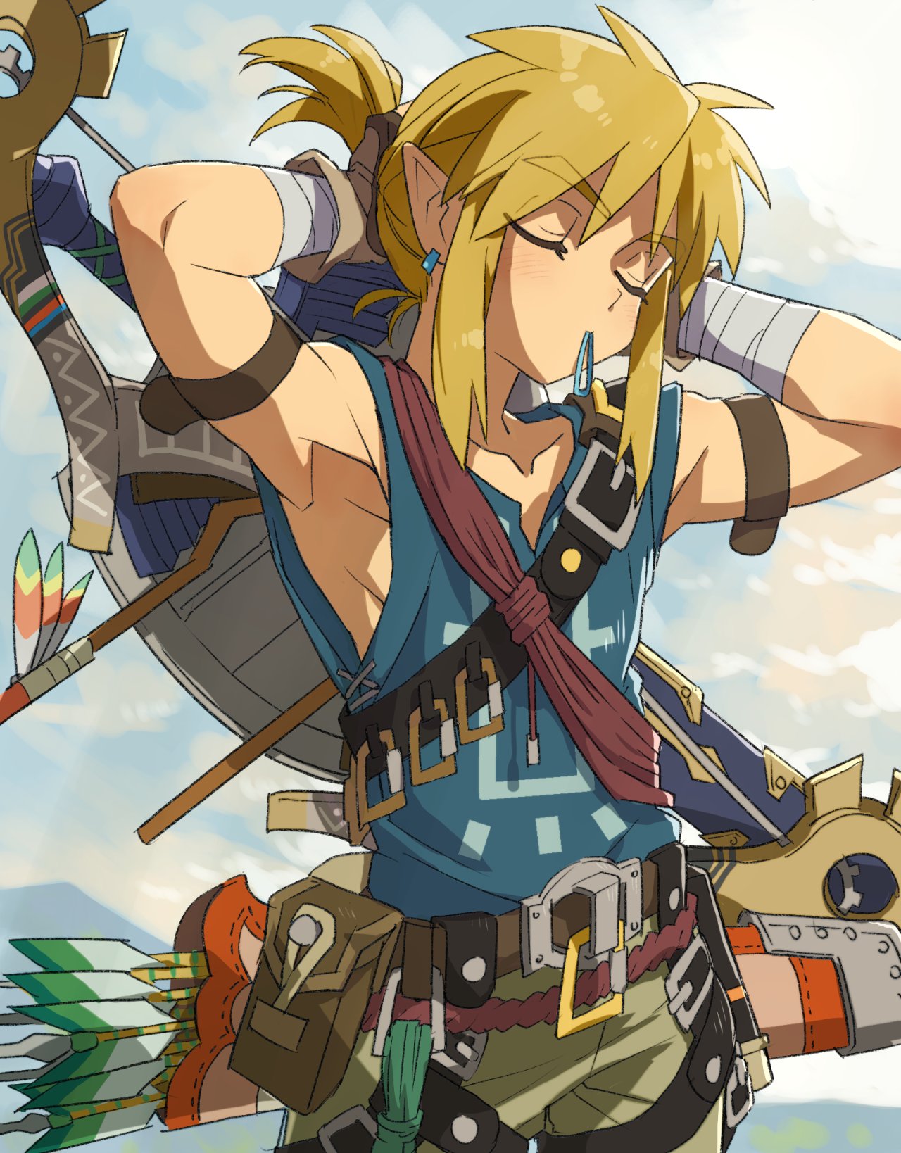 1boy adjusting_hair arrow_(projectile) bandaged_arm bandages bangs belt blonde_hair blue_shirt blush bow_(weapon) brown_belt closed_eyes clouds day enotou_(enotou_moi) green_shorts highres link male_focus mouth_hold outdoors pointy_ears pouch quiver shield shirt shorts sidelocks sky sleeveless sleeveless_shirt the_legend_of_zelda the_legend_of_zelda:_breath_of_the_wild weapon weapon_on_back