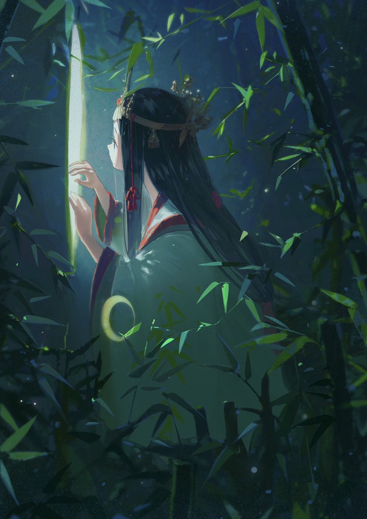 1girl bamboo black_hair crescent crown curious eyelashes from_side gem green_kimono green_theme hole japanese_clothes kaguya_(onmyoji) kimono light_particles long_hair long_sleeves looking_away low-tied_long_hair nature onmyoji profile sheya_(dingkuang1) sidelocks solo straight_hair tassel very_long_hair