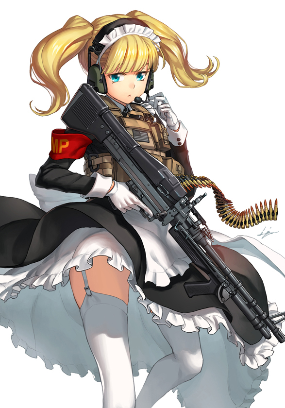 1girl adjusting_headset american_flag ammunition_belt armband bangs black_dress blonde_hair blue_eyes blunt_bangs body_armor closed_mouth commentary dress dress_lift emblem frown garter_straps gloves gun headset holding holding_gun holding_weapon kws long_sleeves looking_at_viewer m60 maid maid_day maid_headdress medium_dress medium_hair original petticoat simple_background solo standing thigh-highs trigger_discipline twintails weapon white_background white_gloves white_legwear wind wind_lift