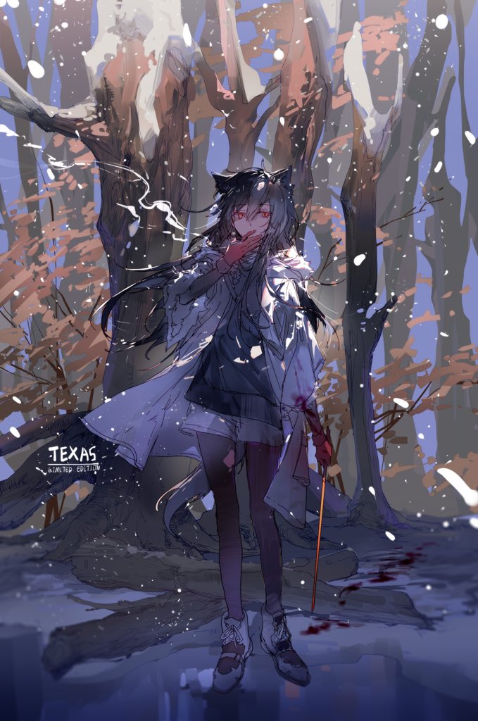 1girl animal_ears arknights bangs black_hair brown_legwear character_name cigarette commentary english_text evening eyebrows_visible_through_hair facing_viewer forest full_body gloves hair_between_eyes holding holding_cigarette holding_sword holding_weapon jacket long_hair long_sleeves looking_at_viewer min_(120716) nature pantyhose red_eyes red_gloves shoelaces shoes short_shorts shorts smoke smoking sneakers snow snowflakes solo standing sword texas_(arknights) tree weapon white_footwear white_jacket white_shorts winter wolf_ears