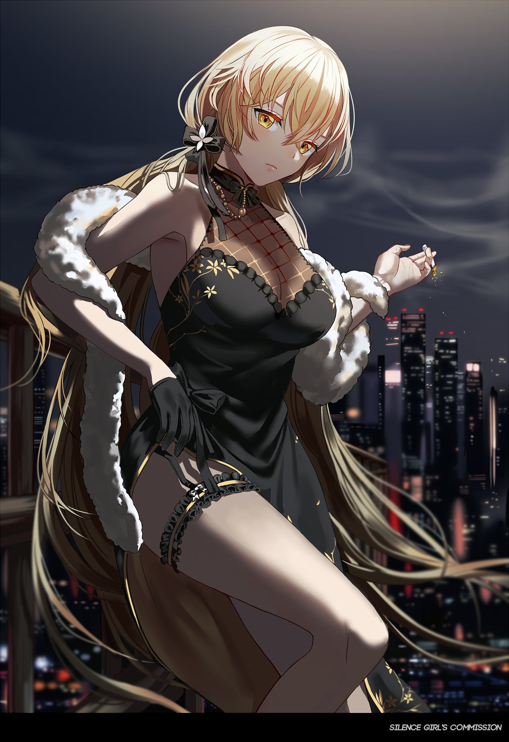 1girl alternate_costume armpits bangs bare_shoulders black_dress black_gloves blonde_hair bow breasts choker cigarette cityscape closed_mouth dress feather_boa girls_frontline gloves hair_bow hair_ornament hair_ribbon highres holding holding_cigarette leaning leg_garter long_hair looking_at_viewer night ots-14_(girls_frontline) outdoors ribbon silence_girl single_glove sleeveless sleeveless_dress smoking solo thighs very_long_hair yellow_eyes