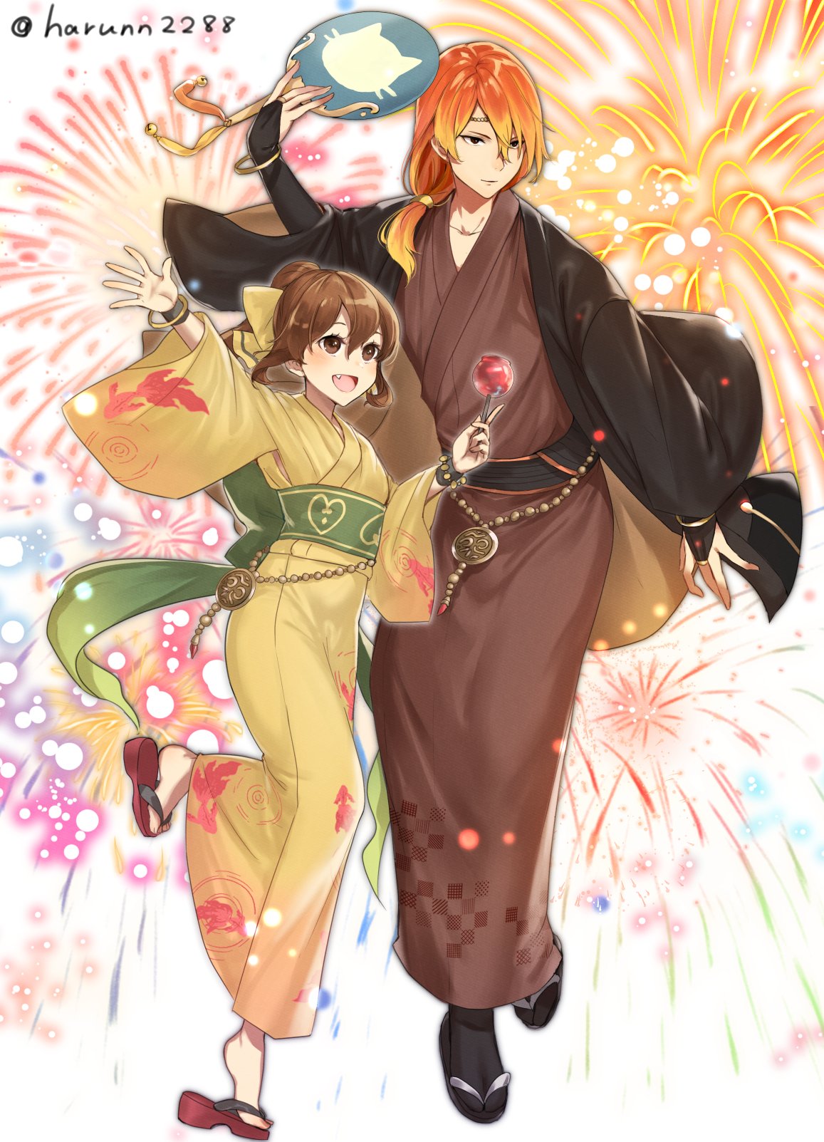 1boy 1girl alternate_costume brother_and_sister brown_eyes brown_hair candy_apple closed_mouth crossed_arms delthea_(fire_emblem) fire_emblem fire_emblem_echoes:_shadows_of_valentia fireworks food haru_(nakajou-28) highres holding japanese_clothes kimono long_hair long_sleeves luthier_(fire_emblem) obi open_mouth orange_hair ponytail sash siblings simple_background twitter_username white_background wide_sleeves