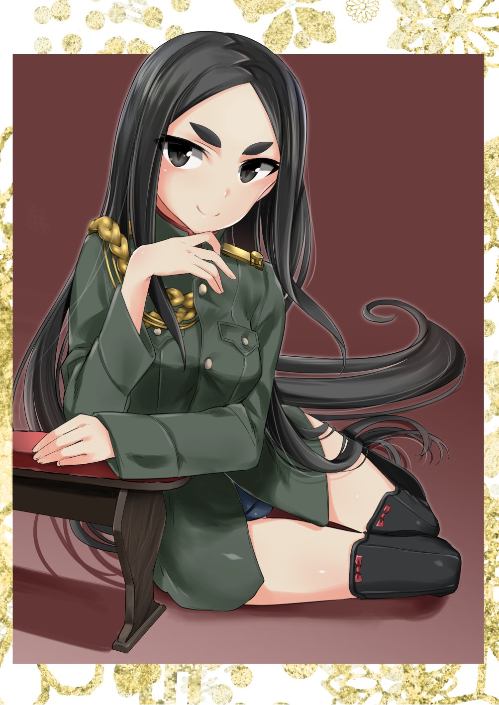 1girl aiguillette aohashi_ame black_eyes black_footwear black_hair blue_swimsuit boots closed_mouth commentary commission epaulettes fusou_empire_princess green_jacket hand_on_own_chin highres jacket long_hair long_sleeves looking_at_viewer military military_jacket military_uniform outside_border school_swimsuit shadow short_eyebrows sitting smile solo strike_witches_zero swimsuit swimsuit_under_clothes table thick_eyebrows thigh-highs thigh_boots uniform very_long_hair yokozuwari