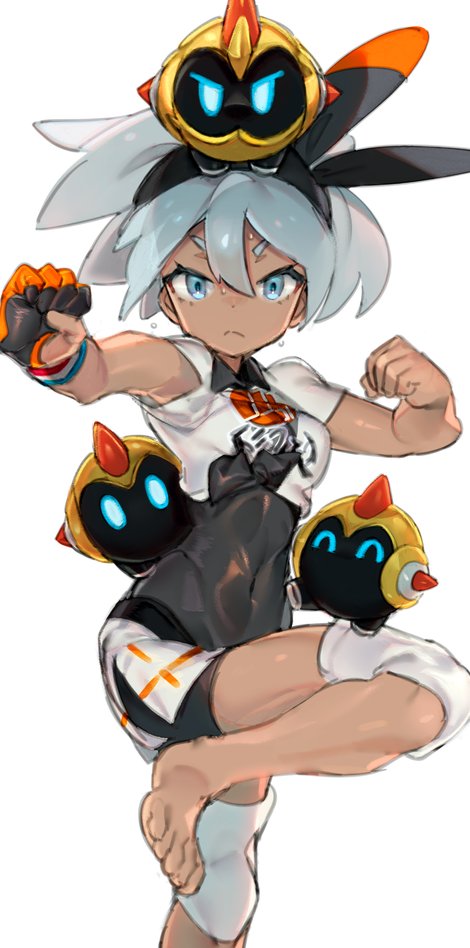1girl bangs barefoot bea_(pokemon) black_bodysuit black_hairband blue_eyes bodysuit bodysuit_under_clothes breasts closed_mouth collared_shirt commentary_request covered_navel dynamax_band falinks gen_8_pokemon gloves grey_hair gym_leader hair_between_eyes hairband hands_up knee_pads leg_up looking_at_viewer on_head pokemon pokemon_(creature) pokemon_(game) pokemon_on_head pokemon_on_leg pokemon_swsh print_shirt print_shorts shirt short_hair short_sleeves shorts single_glove tied_shirt toes xschinkenwurstx
