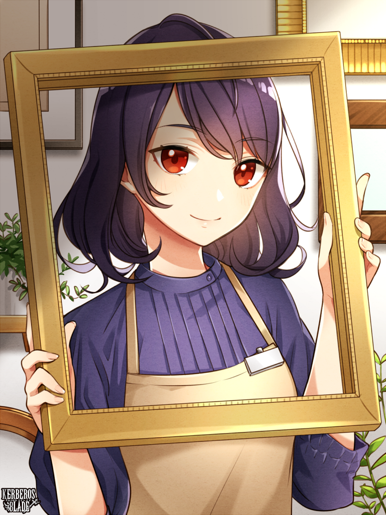 1girl apron black_hair copyright_name indoors kerberos_blade looking_at_viewer maruyama_hari medium_hair name_tag picture_frame plant potted_plant red_eyes smile solo upper_body