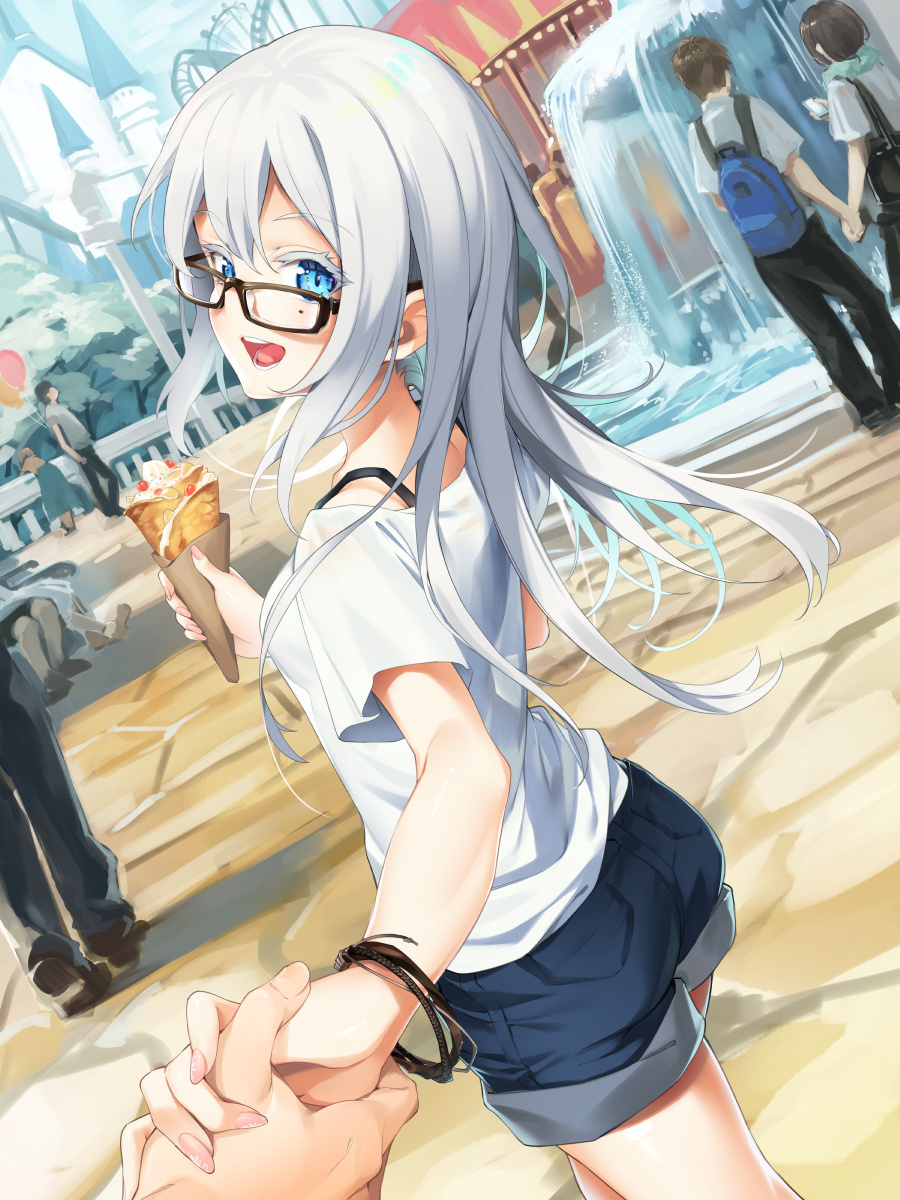 1girl asutora asutora-chan black-framed_eyewear blue_eyes blue_shorts crowd eyebrows_visible_through_hair fingernails food glasses highres holding holding_food holding_hands long_hair looking_at_viewer open_mouth original outdoors shirt short_hair short_sleeves shorts smile solo_focus upper_teeth white_hair white_shirt