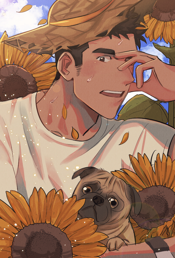 1boy animal bara blush brk_603 brown_eyes brown_hair close-up clouds cloudy_sky dog facial_hair floral_background flower hat male_focus original outdoors petals puppy shirt short_hair sideburns sky solo straw_hat sunflower sweatdrop upper_body yellow_eyes