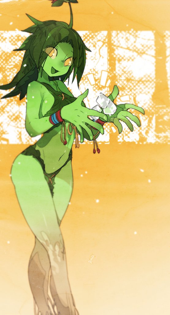 1girl ahoge bare_shoulders blush breasts character_request commentary copyright_request crystal eyebrows_visible_through_hair eyes_visible_through_hair fingerless_gloves flower forehead gloves green_gloves green_hair green_skin hair_intakes hands_up happy kuroi_moyamoya light_blush loincloth long_hair looking_at_viewer medium_breasts monster_girl navel nose_blush notice_lines open_mouth orange_background plant_girl red_flower sideboob single_glove smile solo sparkle standing stomach wristband yellow_eyes