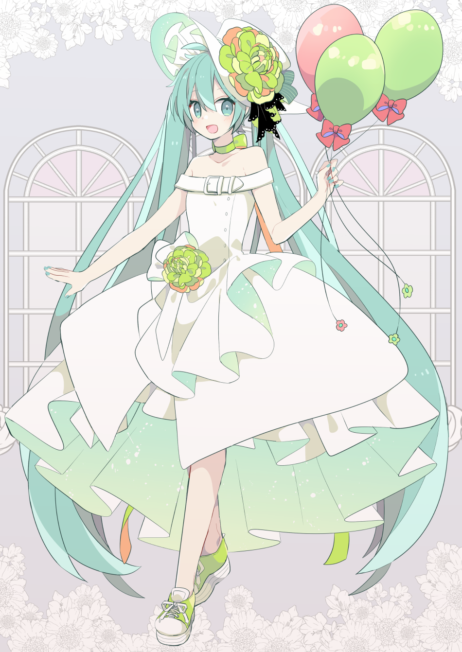 1girl aqua_eyes aqua_hair aqua_nails balloon birthday commentary dress dress_flower floral_background flower full_body green_flower hand_up hat hat_flower hatsune_miku highres holding holding_balloon large_hat long_hair looking_at_viewer nail_polish neck_ribbon open_mouth ribbon shoes sleeveless sleeveless_dress smile sneakers solo standing strapless strapless_dress twintails very_long_hair vocaloid white_dress white_flower white_headwear window yoshiki