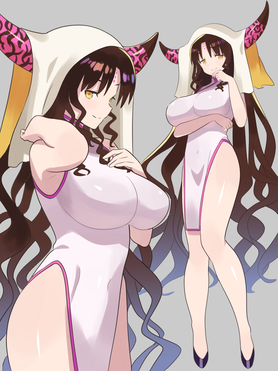 1girl bangs bare_shoulders black_hair breasts china_dress chinese_clothes closed_mouth dress facial_mark fate/grand_order fate_(series) forehead_mark full_body grey_background highres horns large_breasts long_hair looking_at_viewer multiple_views navel seductive_smile sesshouin_kiara simple_background smile very_long_hair wavy_hair yellow_eyes zenshin