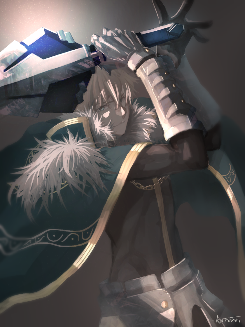 1boy armor black_gloves blonde_hair blue_eyes cape collared_cape excalibur_galatine fate/extra fate/grand_order fate_(series) fur_collar gauntlets gawain_(fate/extra) gloves green_cape grey_background holding holding_sword holding_weapon knight knights_of_the_round_table_(fate) kuronoiparoma long_sleeves looking_at_viewer male_focus short_hair signature simple_background solo sword weapon white_background