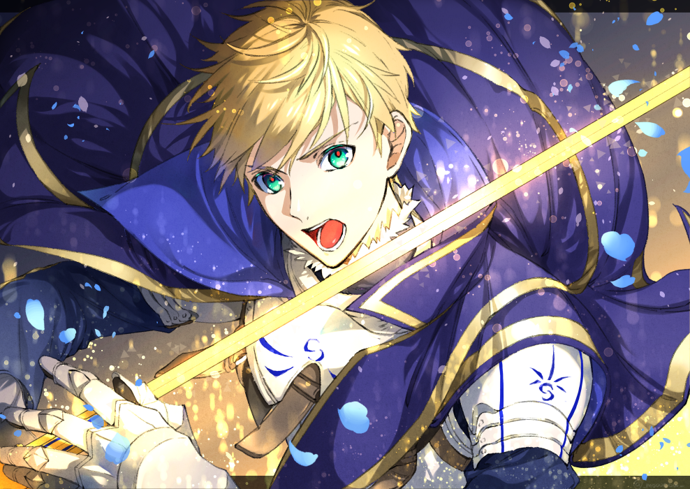 1boy ahoge armor arthur_pendragon_(fate) bad_id bad_twitter_id blonde_hair cape excalibur_(fate/prototype) fate/prototype fate_(series) gauntlets glowing green_eyes male_focus mou_(mooooow) open_mouth solo sword weapon