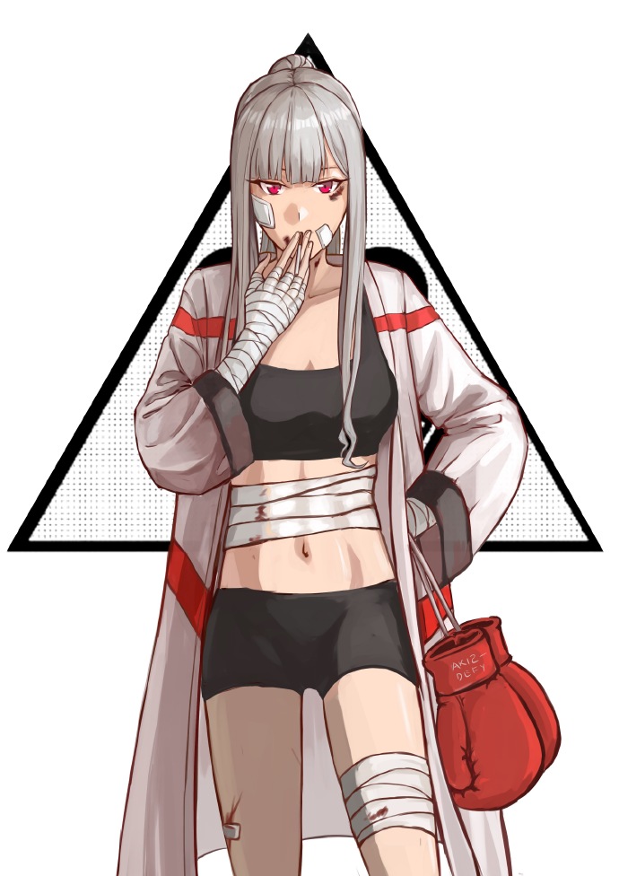 1girl ak-12_(girls_frontline) bandaged_arm bandaged_leg bandages black_bra black_shorts boxing_gloves bra breasts bruise bruise_on_face bruised_eye collarbone covered_mouth eyebrows_visible_through_hair girls_frontline hand_on_hip injury long_hair looking_at_viewer navel open_eyes patch ponytail red_eyes shorts silayloe silver_hair simple_background solo sports_bra stomach underwear