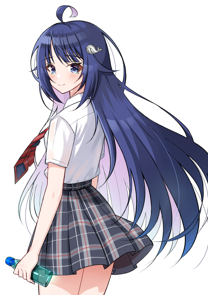 1girl ahoge bangs black_skirt blue_eyes blue_hair blush bottle closed_mouth collared_shirt commentary_request diagonal-striped_neckwear diagonal_stripes eyebrows_visible_through_hair hair_ornament holding holding_bottle long_hair looking_at_viewer looking_to_the_side minatoasu multicolored_hair necktie original pink_hair plaid plaid_skirt pleated_skirt red_neckwear school_uniform shirt short_sleeves simple_background skirt smile solo striped striped_neckwear two-tone_hair very_long_hair whale_hair_ornament white_background white_shirt